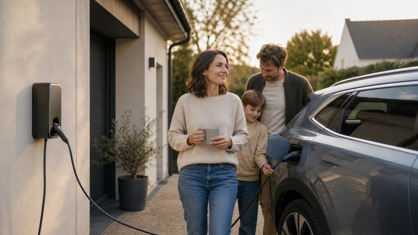 Une famille recharge sa voiture électrique à domicile
