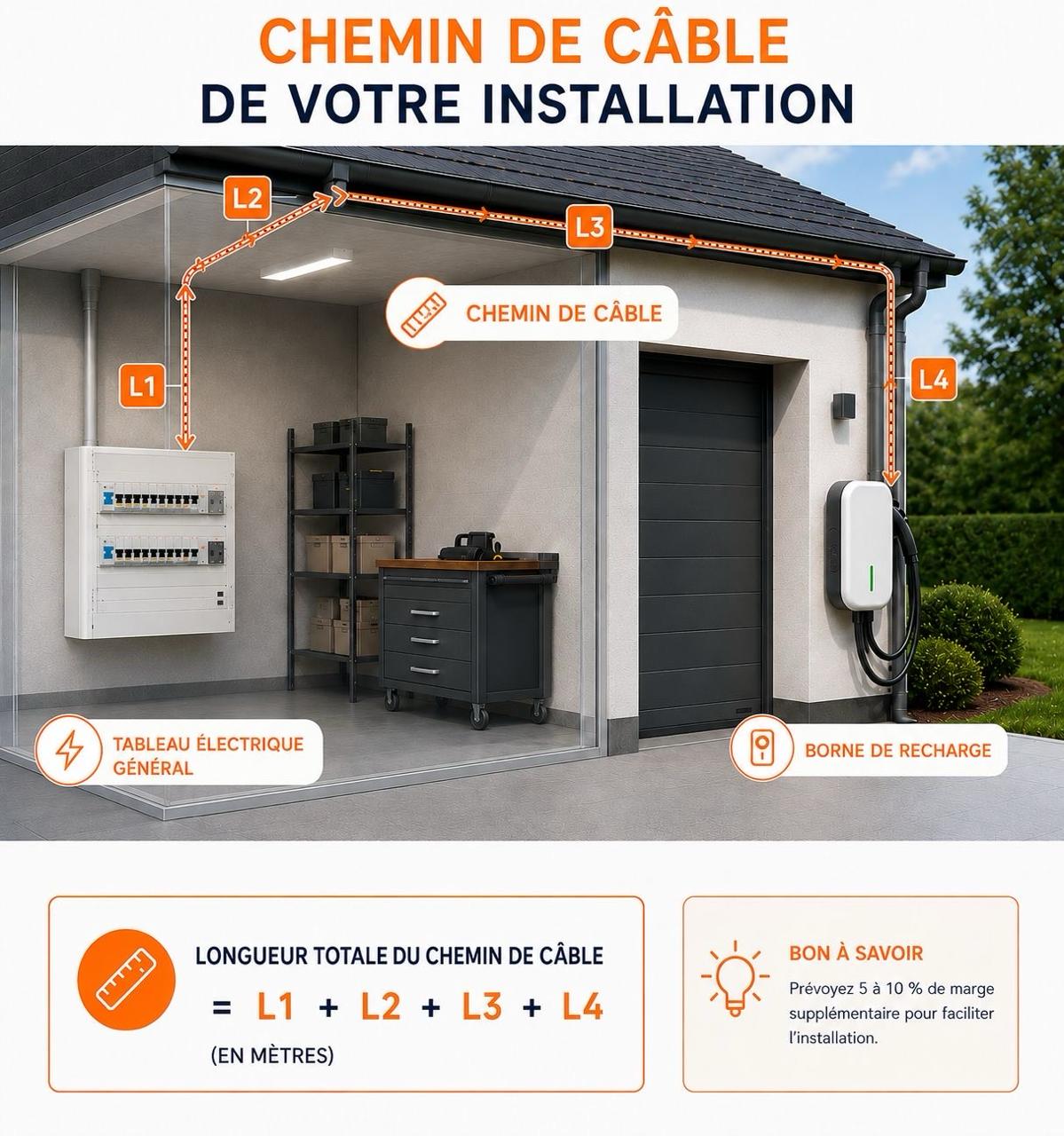 Schéma du chemin de câble entre le tableau électrique et la borne de recharge