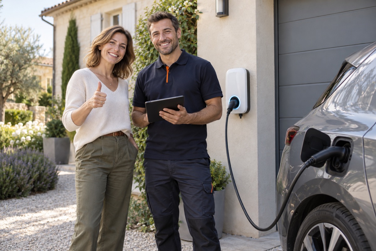 Une cliente Horizon devant sa borne avec son installateur partenaire